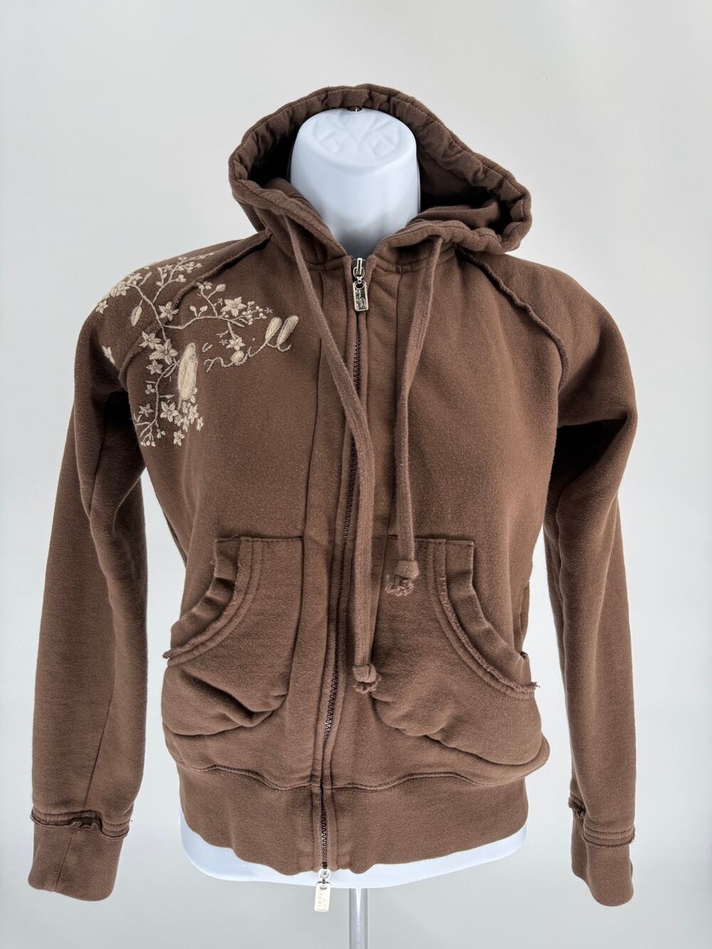 Y2K O’Neill Brown Floral Embroidered Zip Hoodie Womens XS Boho Surf Cottagecore